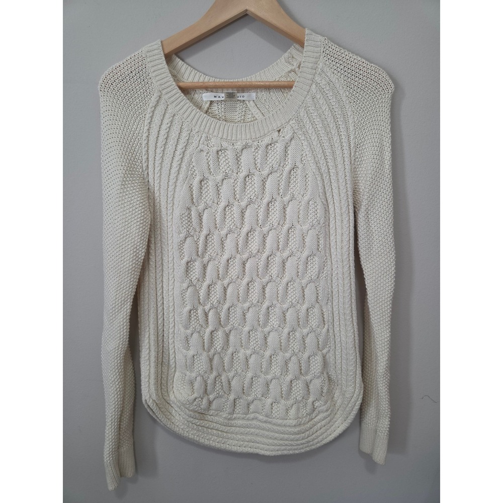 Max Studio Womens Cream 100% Cotton Cable Knit Sweater Curved Hem Small